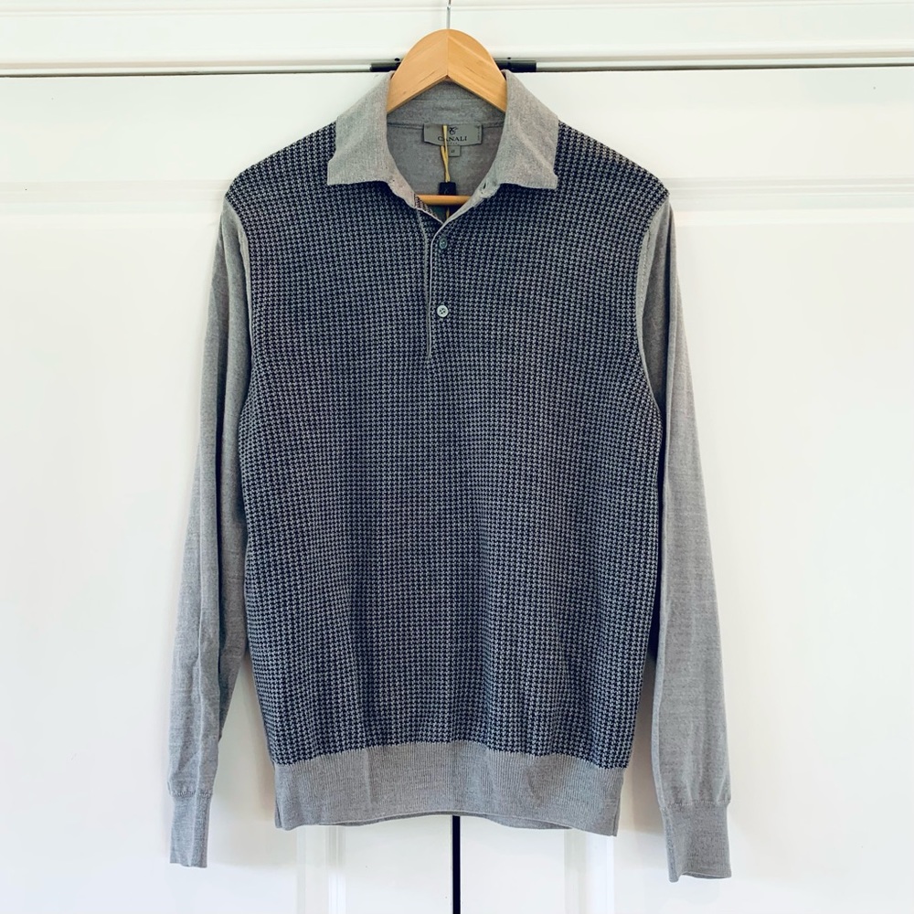 Canali Polo Sweater Long Sleeve Pullover Wool Gray Houndstooth Size 48 IT / US S